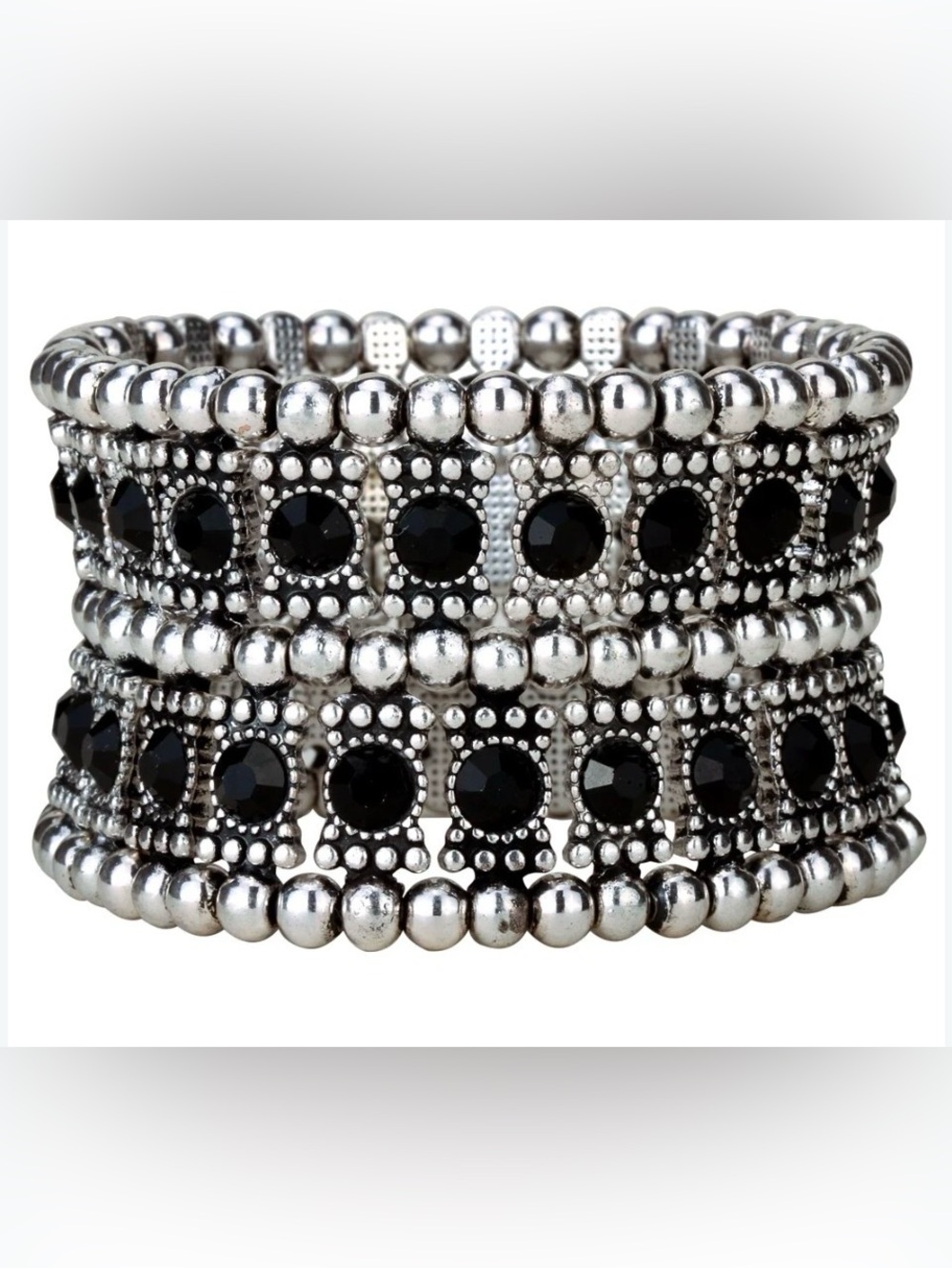 Multi-Row Stretch Vintage Bracelet Silver Black Women Jewelry